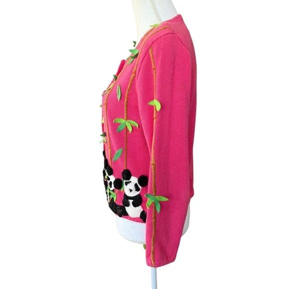 Michael Simon Vintage Panda Bamboo Pink Cardigan Sweater Womens Small Novelty 3D - Picture 3 of 10